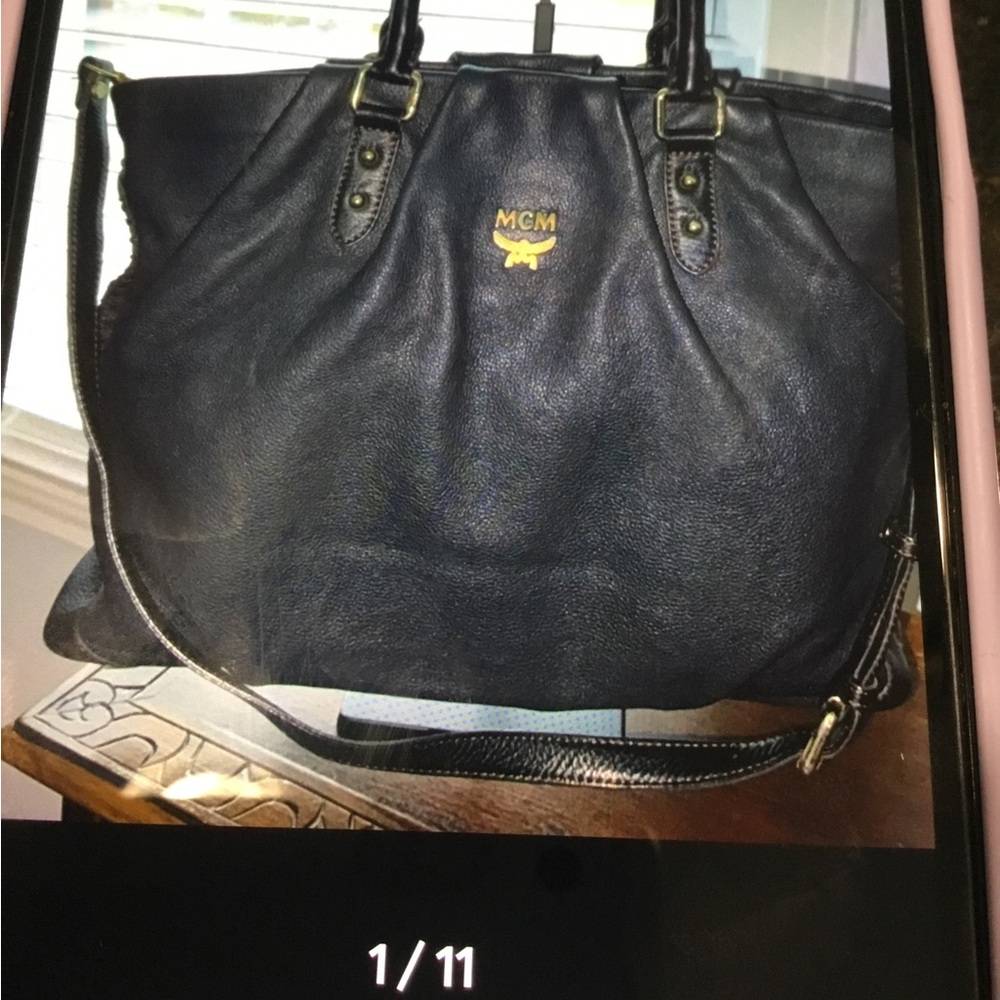 MCM Black Leather Shoulder Bag with Gold Accents